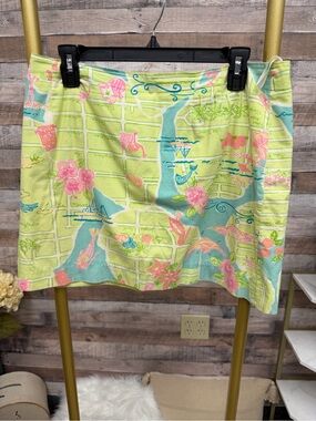 Lilly Pulitzer Lime Green Floral & Aqua Map-Print Swim Cover-Up Skirt
